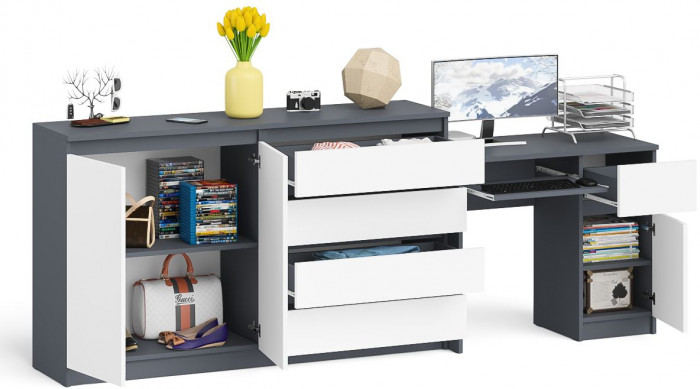 Мори Стол компьютерный МС-1 правый + Комод МК1600.1, цвет графит/белый, ШхГхВ 250,4х50х94 см., выдвижной ящик справа, НЕ универсальная сборка