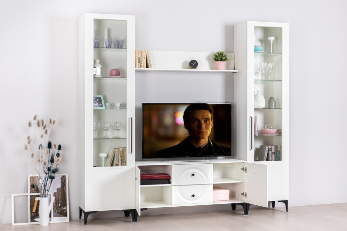 Валенсия Гостиная № 062, цвет ЛДСП белый шагрень/МДФ белый шагрень, ШхГхВ 243,1х38,3х225,2 см., ниша для ТВ 133х38х117 см.