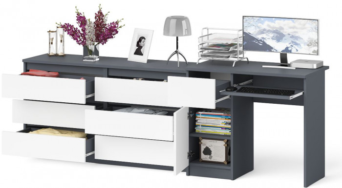 Мори Стол компьютерный МС-1 левый + Комод МК1380.6, цвет графит/белый, ШхГхВ 228х50х76,6 см., выдвижной ящик слева, НЕ универсальная сборка