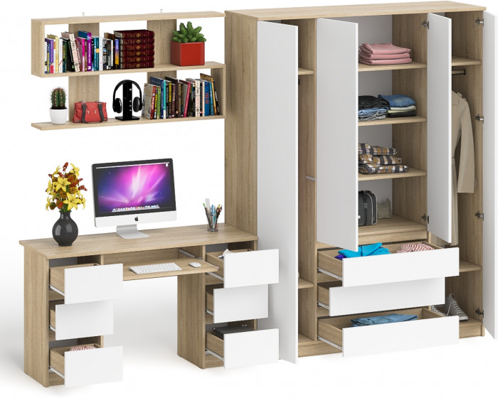 Мори компьютерный стол МС-2 + Шкаф МШ1600.1 + Полка 1200, дуб сонома/белый