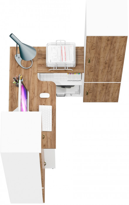 Лидер-8 Пенал МД 22Б + Стол + Пенал 21Б, цвет белый шагрень/крафт золото, ШхГхВ 245х50/37,5х75/190 или 155х120/50х75/190 см., НЕ универсальная сборка