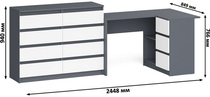 Мори Стол компьютерный МС-16 правый + Комод МК1200.8, цвет графит/белый, ШхГхВ 244,8х84,9х94 см., выдвижные ящики справа, НЕ универсальная сборка