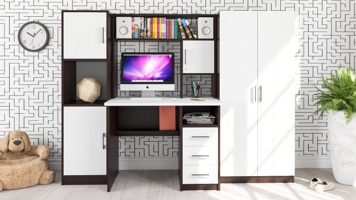 компьютерный стол С-МД-СК9+Пенал С-МД-СК9П+Шкаф С-МД-СК9Ш, венге/белый шагрень