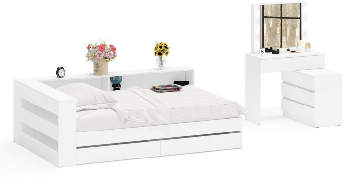 Ксения Кровать с ящиками 1200 + прикроватный блок + Столик с подсветкой 110, белый