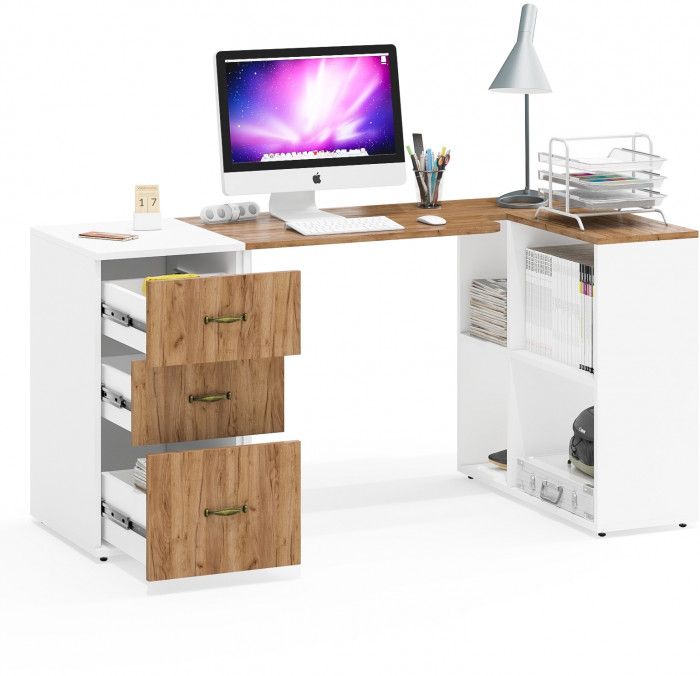 Лидер-8 Стол + Тумба МД 3.16, цвет белый шагрень/крафт золото, ШхГхВ 205х50/30х75 см. или 115х50/120х75 см., НЕ универсальная сборка