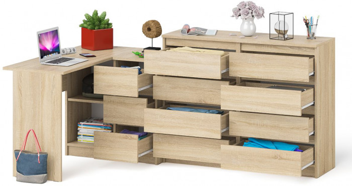 Мори Стол компьютерный МС-16 правый + Комод МК1200.8, цвет дуб сонома, ШхГхВ 244,8х84,9х94 см., выдвижные ящики справа, НЕ универсальная сборка