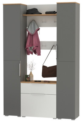 Октава Прихожая 51, цвет белый шагрень/серый графит/дуб крафт золотой/фасады МДФ белый шагрень/серый графит, ШхГхВ 129,3х35,4х197,6 см., ун. сб.
