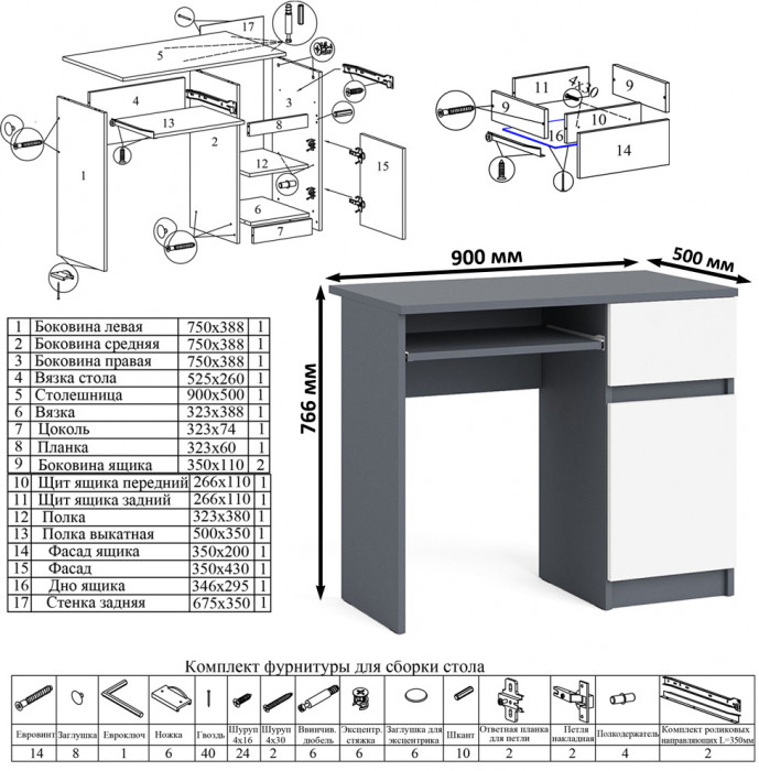 Мори компьютерный стол МС-1 правый + Пенал МШ400.1 + Полка 900, графит/белый