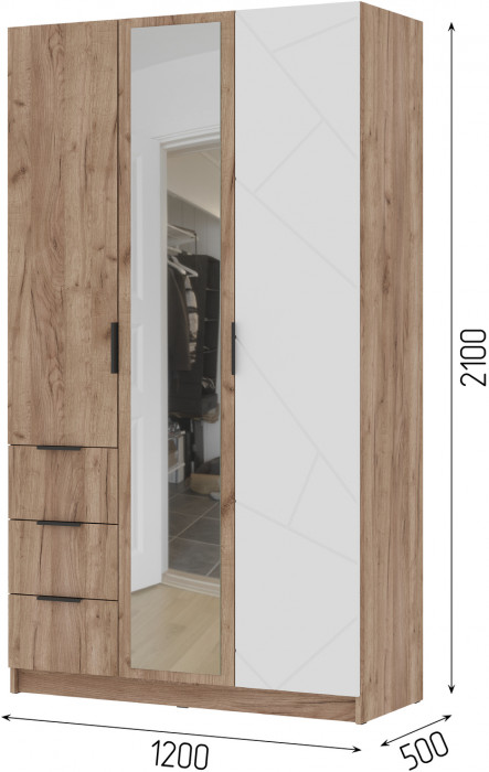 ОРЕГОН ШК 03 Шкаф 3х-створчатый (1200х2100х500) Фасад МДФ БЕЛЫЙ СУПЕРМАТ,ДУБ КРАФТ ТАБАЧНЫЙ/Корпус ДУБ КРАФТ ТАБАЧНЫЙ