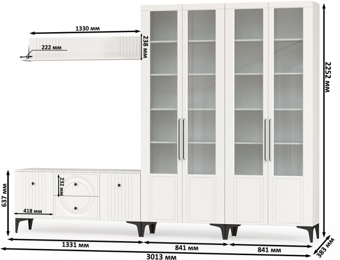 Валенсия Гостиная № 064, цвет ЛДСП белый шагрень/МДФ белый шагрень, ШхГхВ 301,3х38,3х225,2 см., ниша для ТВ 133х38х117 см.