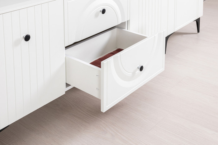 Валенсия Гостиная № 064, цвет ЛДСП белый шагрень/МДФ белый шагрень, ШхГхВ 301,3х38,3х225,2 см., ниша для ТВ 133х38х117 см.