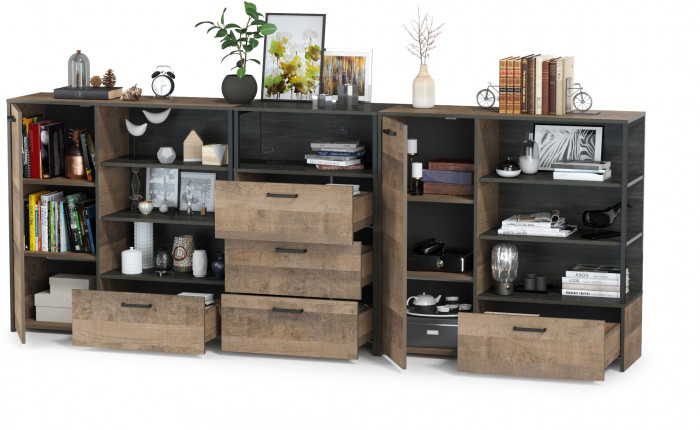 Трувор 13.307.01 Комод + 13.307.02 Комод с ящиками + 13.307.01 Комод, цвет дуб гранж песочный/интра, ШхГхВ 284х37х106,9 см., универсальная сборка