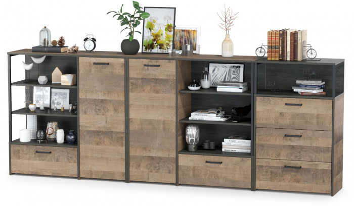 Трувор 13.307.01 Комод + 13.307.02 Комод с ящиками + 13.307.01 Комод, цвет дуб гранж песочный/интра, ШхГхВ 284х37х106,9 см., универсальная сборка