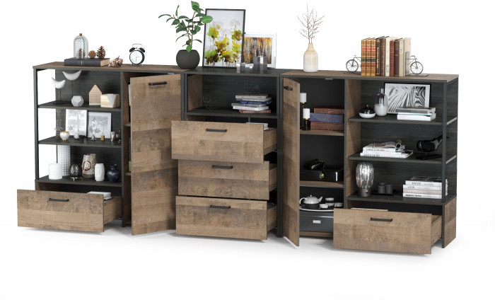 Трувор 13.307.01 Комод + 13.307.02 Комод с ящиками + 13.307.01 Комод, цвет дуб гранж песочный/интра, ШхГхВ 284х37х106,9 см., универсальная сборка