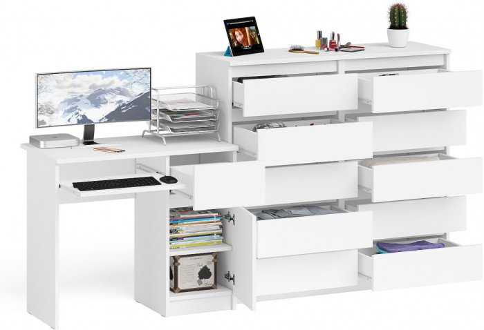 Мори компьютерный стол МС-1 правый + Комод МК1200.10, белый