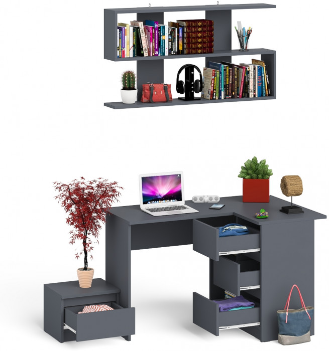 Мори компьютерный стол МС-16 правый + Тумба ТМП400.1 + Полка 1200, графит
