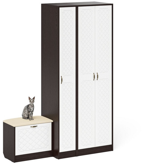 Прихожая П-6 Компоновка № 45, венге/фасады МДФ белое дерево фрезеровка ромб