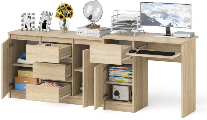 Мори компьютерный стол МС-1 левый + Комод МК1200.3, дуб сонома