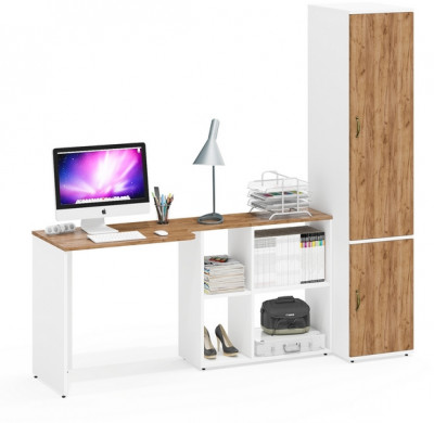 Лидер-8 Стол + Пенал МД 23Б, цвет белый шагрень/крафт золото, ШхГхВ 205х50/37,5х75/190 или 115х50/120х75/190 см., НЕ универсальная сборка