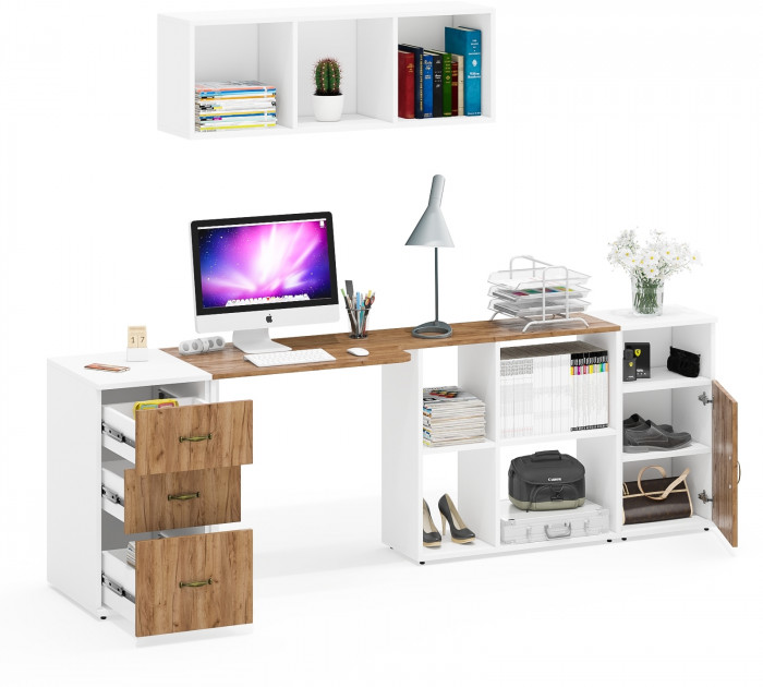 Лидер-8 Стол + Полка + Тумба МД 3.16 + Тумба МД 3.19, цвет белый шагрень/крафт золото, ШхГхВ 245х50/30х75/190 или 155х120/50х75/190 с, НЕ универс. сб.