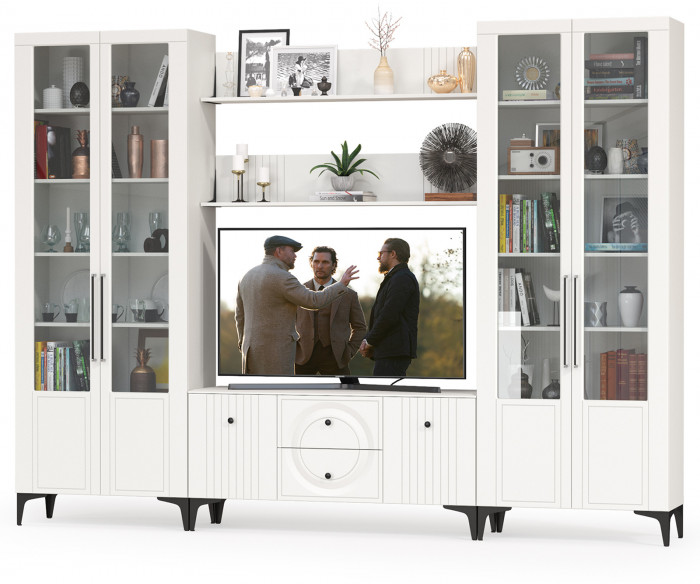 Валенсия Гостиная № 065, цвет ЛДСП белый шагрень/МДФ белый шагрень, ШхГхВ 301,3х38,3х225,2 см., ниша для ТВ 133х38х117 см.