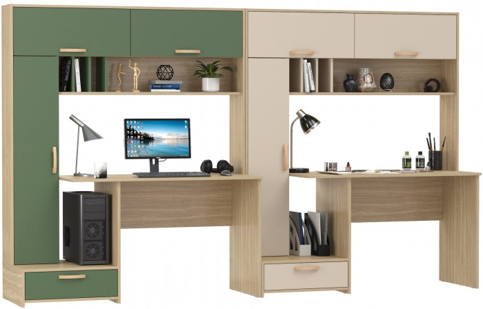 Два Стола письменных Лайт 03.243Н, цвет плэйн/дымчатый зелёный/плэйн/сатин, ШхГхВ 300,4х57,3х179,9 см., НЕ универсальная сборка