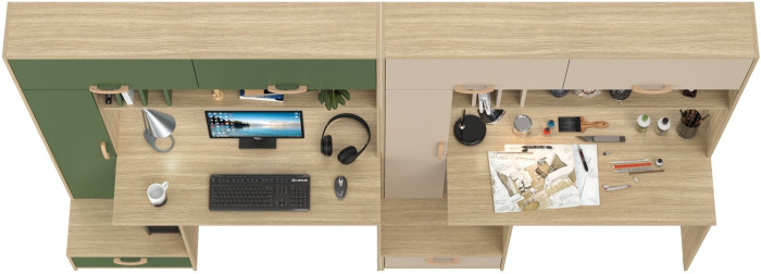 Два Стола письменных Лайт 03.243Н, цвет плэйн/дымчатый зелёный/плэйн/сатин, ШхГхВ 300,4х57,3х179,9 см., НЕ универсальная сборка