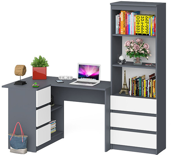 Мори компьютерный стол МС-16 левый + Стеллаж МСТ600.3, графит/белый