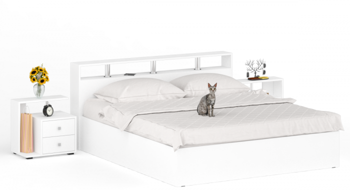 Камелия Кровать 1800 + две тумбы, цвет белый, ШхГхВ 296х217х78,2 см., сп.м. 1800х2000 мм., без матраса, основание есть