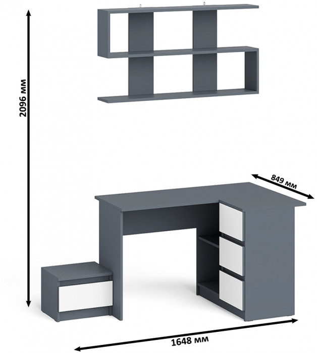 Мори компьютерный стол МС-16 правый + Тумба ТМП400.1 + Полка 1200, графит/белый