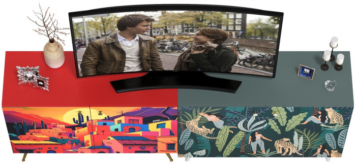 Либера Комод-тумба 16.230.01 + Кармин Комод-тумба 16.230.03, цвет пасифай/красный/белый, ШхГхВ 230,6х42,6х93,2 см., универсальная сборка