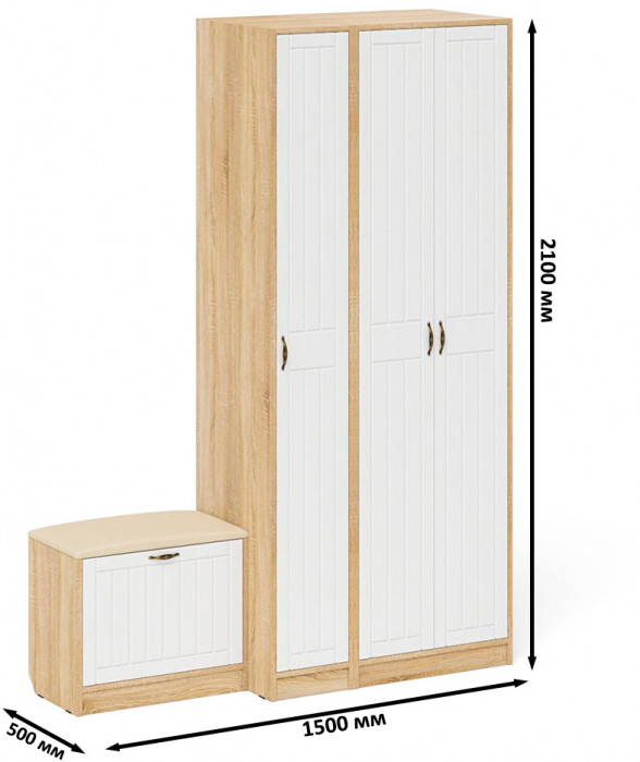 Прихожая П-6 Компоновка № 45, дуб сонома/фасады МДФ белое дерево фрезеровка прованс