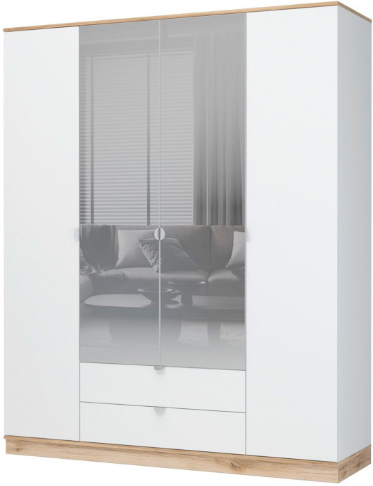 Юкки ШК2Я-1800 Шкаф 4х створчатый с зеркалом Дуб делано/Белый