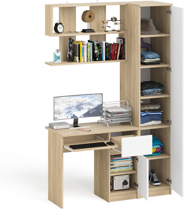 Мори компьютерный стол МС-1 правый + Пенал МШ400.1 + Полка 900, дуб сонома/белый
