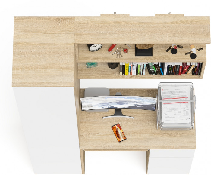 Мори компьютерный стол МС-1 правый + Пенал МШ400.1 + Полка 900, дуб сонома/белый
