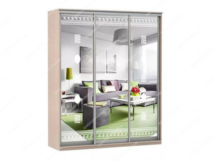 Шкаф купе Модерн 1776х450 3-х дверный 3-х секционный зеркальный с пескоструем №2 ясень