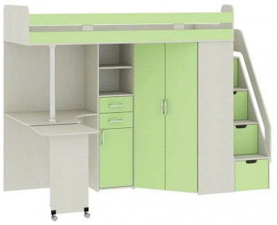 Карамель 77-03 кровать-чердак 2х этажная Ясень анкор Светлый / Зеленый