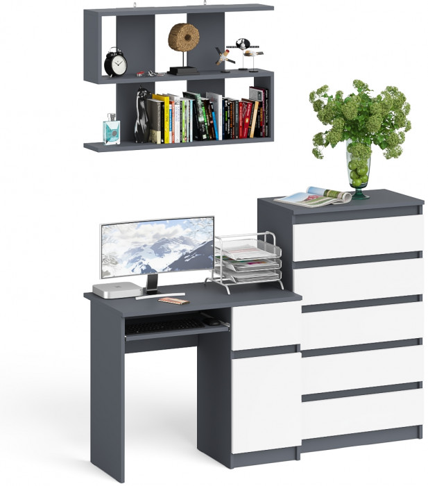 Мори Стол компьютерный МС-1 правый + Комод МК700.5 + Полка 900, цвет графит/белый, ШхГхВ 160,4х50х209,6 см., НЕ универсальная сборка