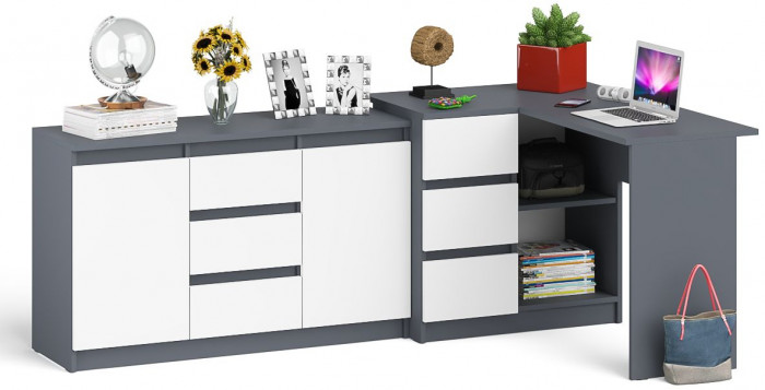 Мори Стол компьютерный МС-16 левый + Комод МК1200.3, цвет графит/белый, ШхГхВ 244,8х84,9х76,6 см., выдвижные ящики слева, НЕ универсальная сборка
