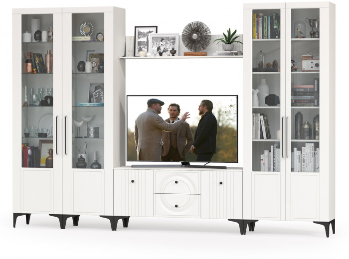 Валенсия Гостиная № 066, цвет ЛДСП белый шагрень/МДФ белый шагрень, ШхГхВ 327,2х38,3х225,2 см., ниша для ТВ 133х38х117 см., универсальная сборка