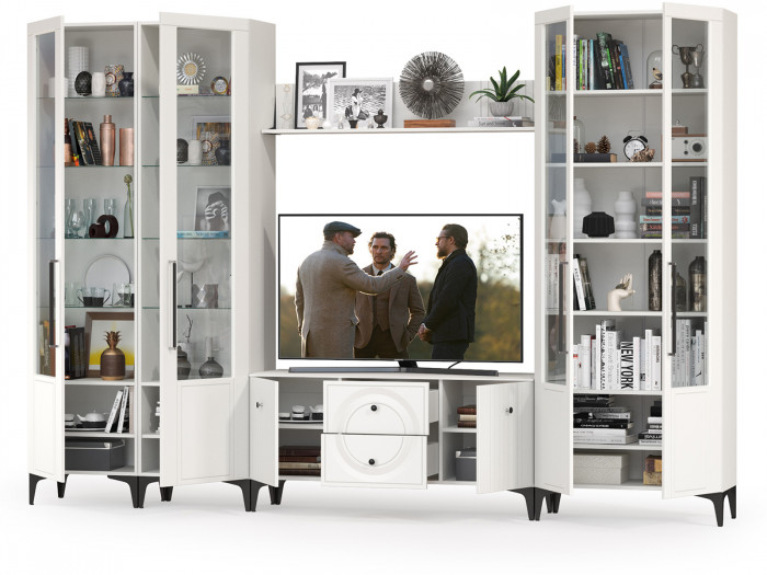 Валенсия Гостиная № 066, цвет ЛДСП белый шагрень/МДФ белый шагрень, ШхГхВ 327,2х38,3х225,2 см., ниша для ТВ 133х38х117 см., универсальная сборка