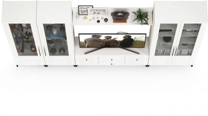 Валенсия Гостиная № 066, цвет ЛДСП белый шагрень/МДФ белый шагрень, ШхГхВ 327,2х38,3х225,2 см., ниша для ТВ 133х38х117 см., универсальная сборка