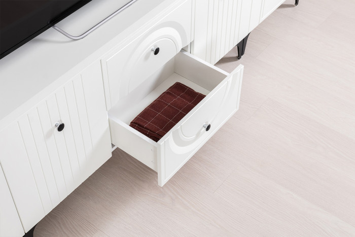 Валенсия Гостиная № 066, цвет ЛДСП белый шагрень/МДФ белый шагрень, ШхГхВ 327,2х38,3х225,2 см., ниша для ТВ 133х38х117 см., универсальная сборка