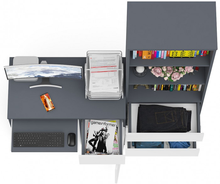 Мори компьютерный стол МС-1 правый + Стеллаж МСТ600.3, графит/белый