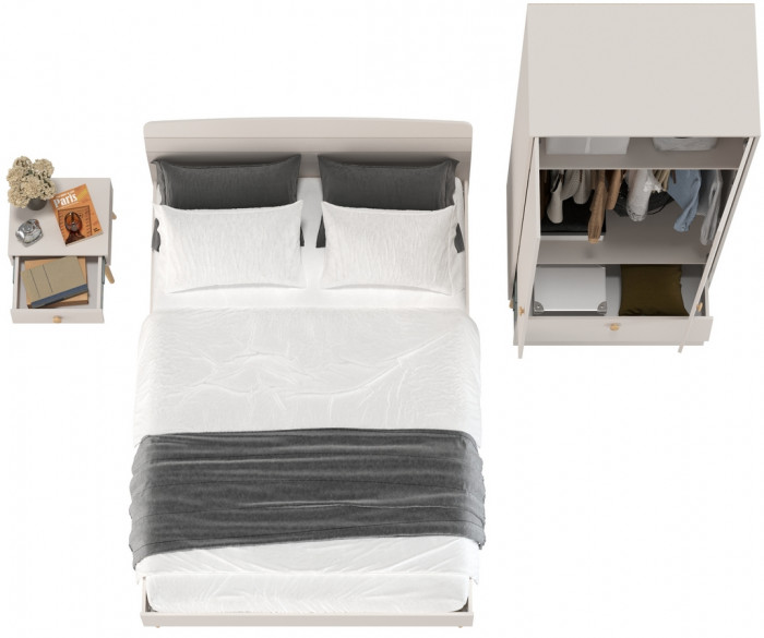 Афина Спальня Кровать 1400 + Шкаф 2-х дверный + Тумба, цвет кашемир серый, 144,6х210,2х95,7 + 90,3х56,3х220 + 45х37х45 см., 1400х2000, б/м, осн. есть