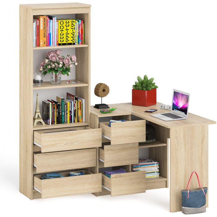 Мори компьютерный стол МС-16 левый + Стеллаж МСТ600.3, дуб сонома