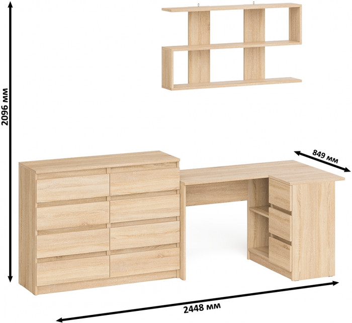 Мори компьютерный стол МС-16 правый + Комод МК1200.8 + Полка 1200, дуб сонома