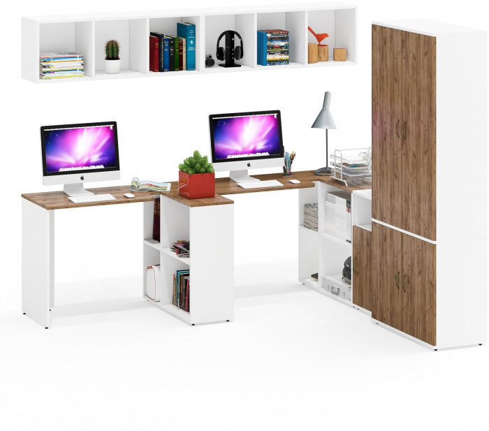 Лидер-8 Стол + Полка + Стол + Полка + Шкаф МД 20Б + Тумба МД 3.19, цвет белый шагрень/крафт золото, 450х50х75/190 или 230х200/50х75/190, НЕ ун. сб.