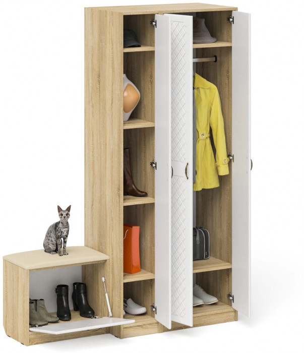 Прихожая П-6 Компоновка № 45, дуб сонома/фасады МДФ белое дерево фрезеровка ромб