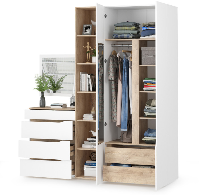 Муссон 13.198 Шкаф + 13.349 Стеллаж + 13.97 Комод + Зеркало СВК, цвет белый/дуб эндгрейн элегантный, ШхГхВ 204,6х52,3х229,8 см., НЕ универс. сб.